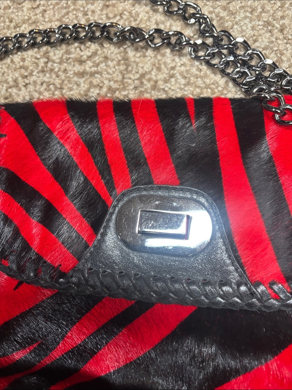 Badgley Mischka Red and Black Zebra animal hair Chain Shoulder Bag - vintage - Picture 7 of 10